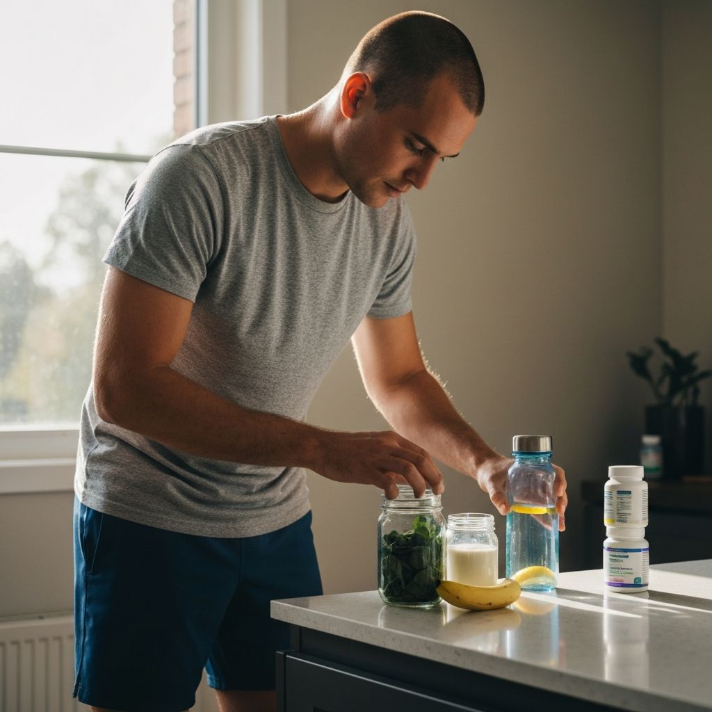 Man organizing daily supplement routine with water and morning meal